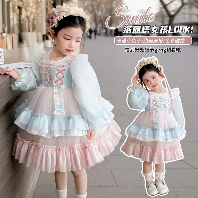 Детское платье для девочек с принтом Lanza, Pink Blue Rabbit Lolita Skirt — фото 4