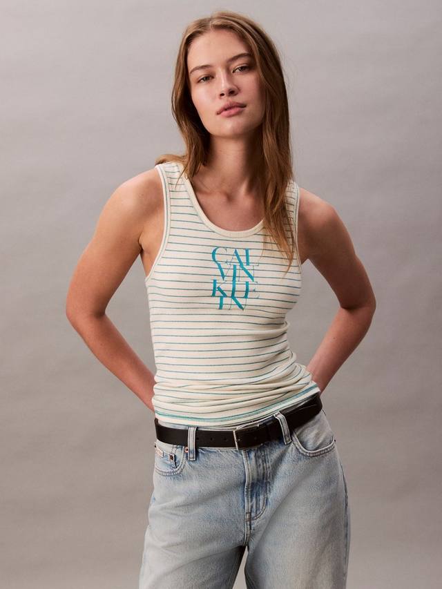 

Хлопковый топ-жилет с полосками и логотипом Calvin Klein, Cream/Blue