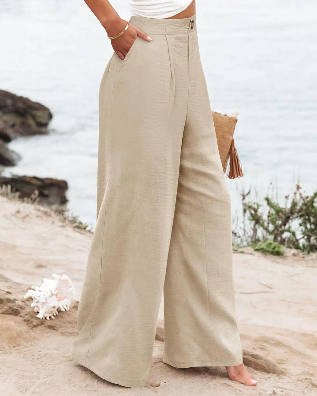 Женские широкие брюки с высокой талией Flowy Beach Pants, Beige — фото 2