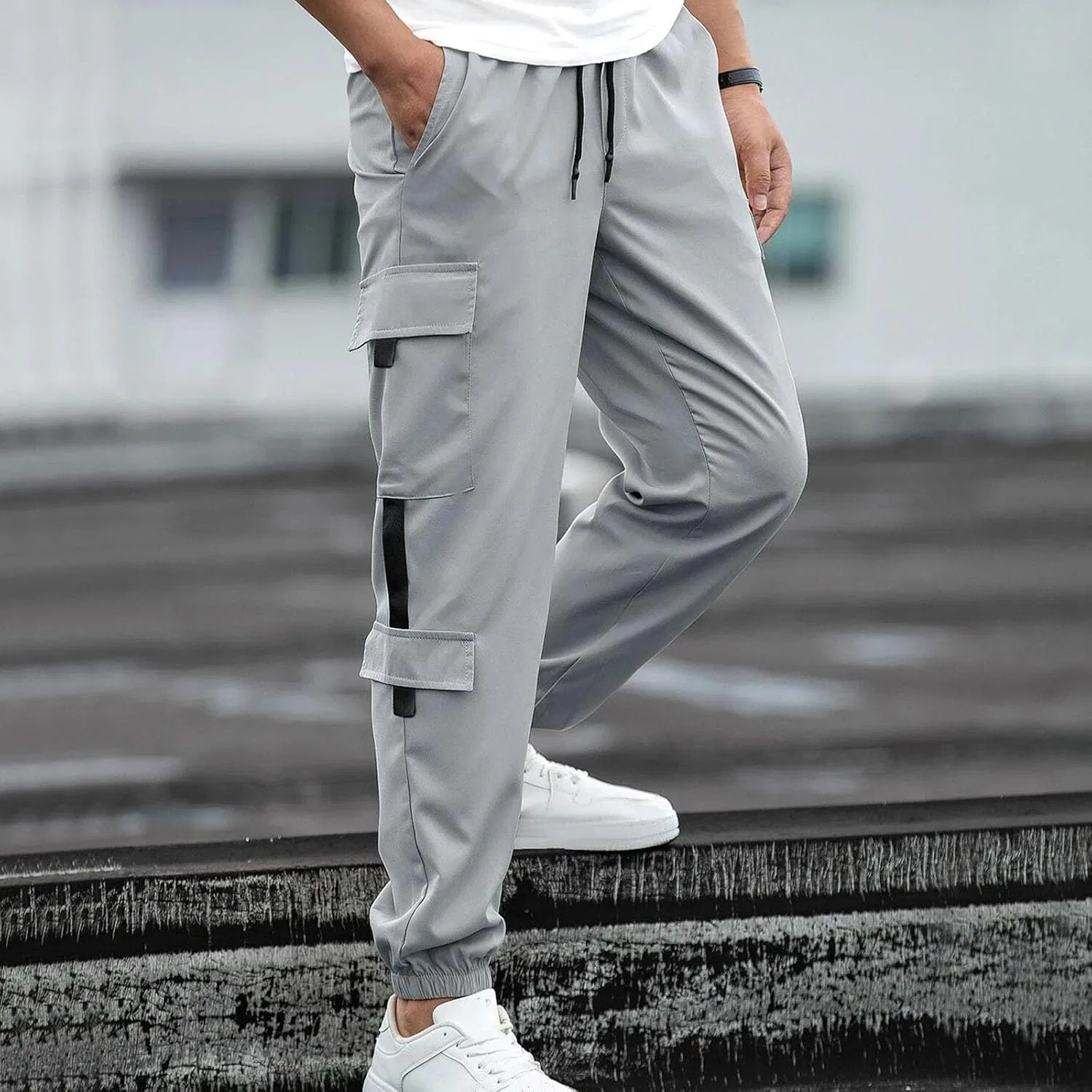 Мужские карго-брюки свободного кроя, Classic Elastic Waisted Retro Casual Cargo Sweatpants, серый — фото 3