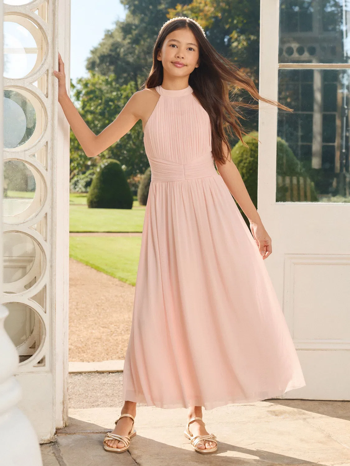 Платье макси с запахом, модель Pleated Halter Lipsy, розовый