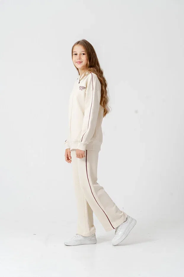 Детский комплект спортивного костюма для девочек с вышивкой Sports academy college team us-86 embroidered hooded front zipper girls' bottom top tracksuit set Mışıl Kids, Ecru — фото 3
