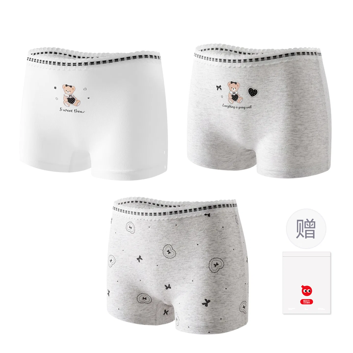 Детские трусы для девочек хлопковые набор 3 шт Red bean, Light Heather Grey Big Cloth Heart — фото 4