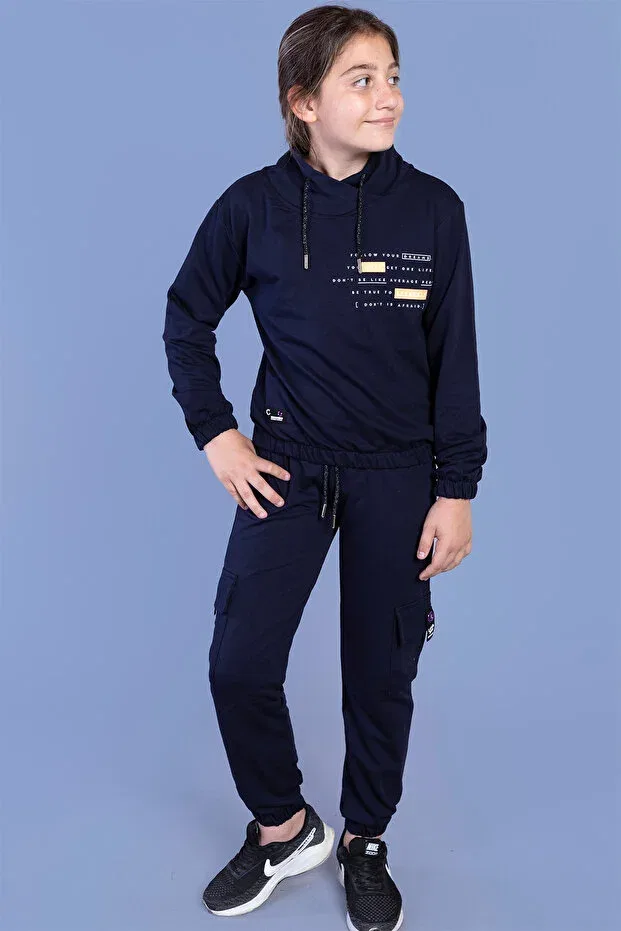 Детский спортивный комплект для девочек с принтом Turtleneck printed girl's tracksuit set Toontoy, Navy Blue — фото 2