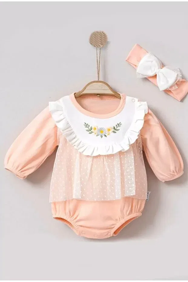 Детский комбинезон для девочек хлопковый с принтом Flower Embroidered Bandana Generic Brands, Salmon