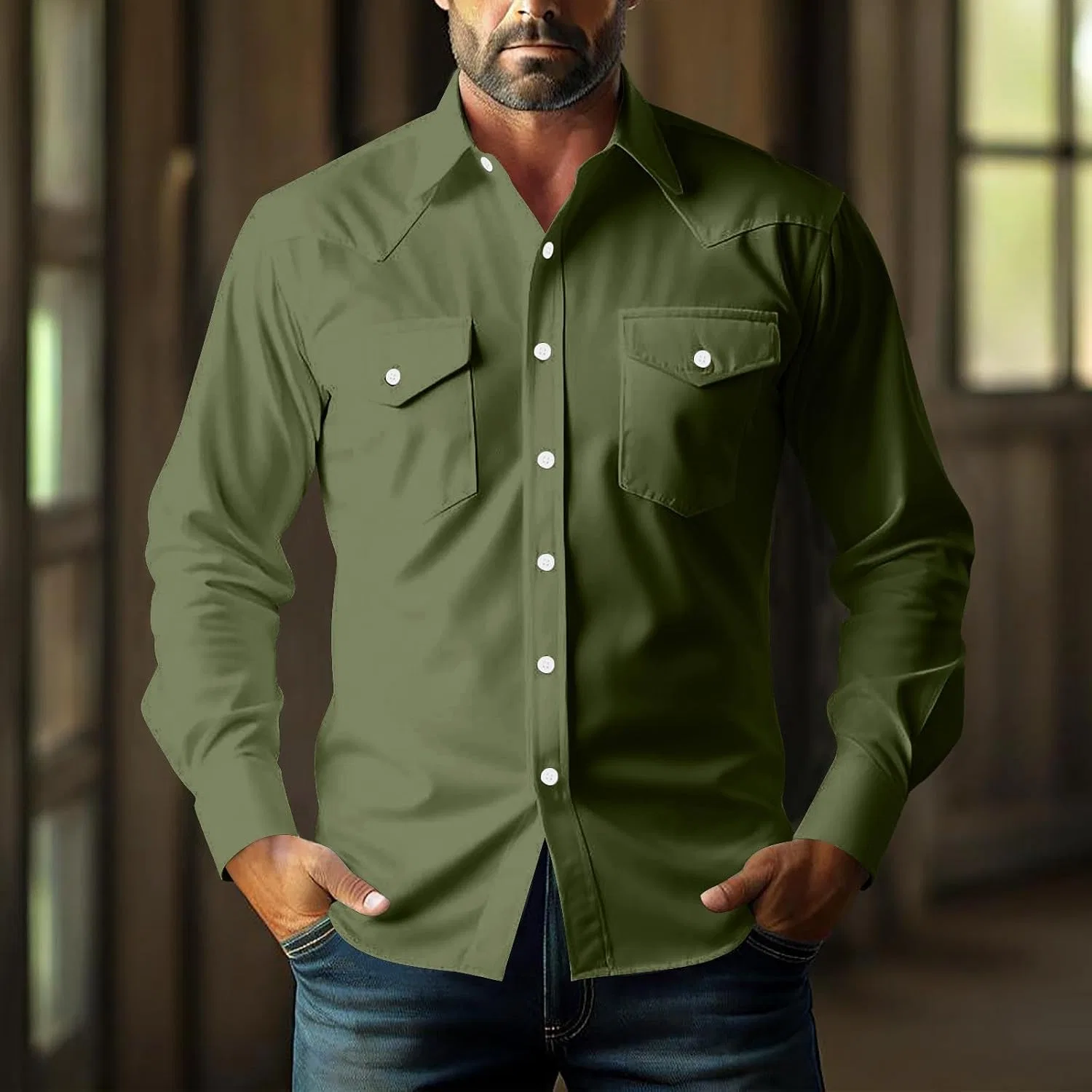 Мужская рубашка с жемчужными кнопками, Western Cowboy Shirts, армейский зелёный — фото 2