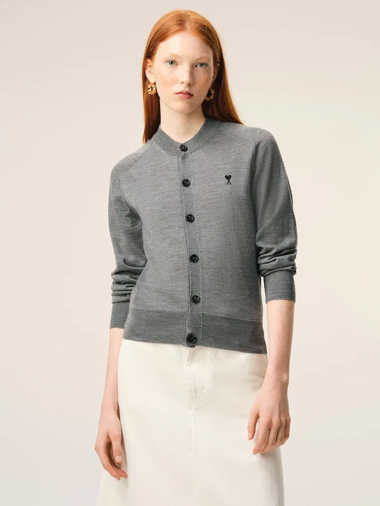Кардиган с круглым вырезом и контрастным сердечком Ami de Coeur AMI PARIS, Grey — фото 2
