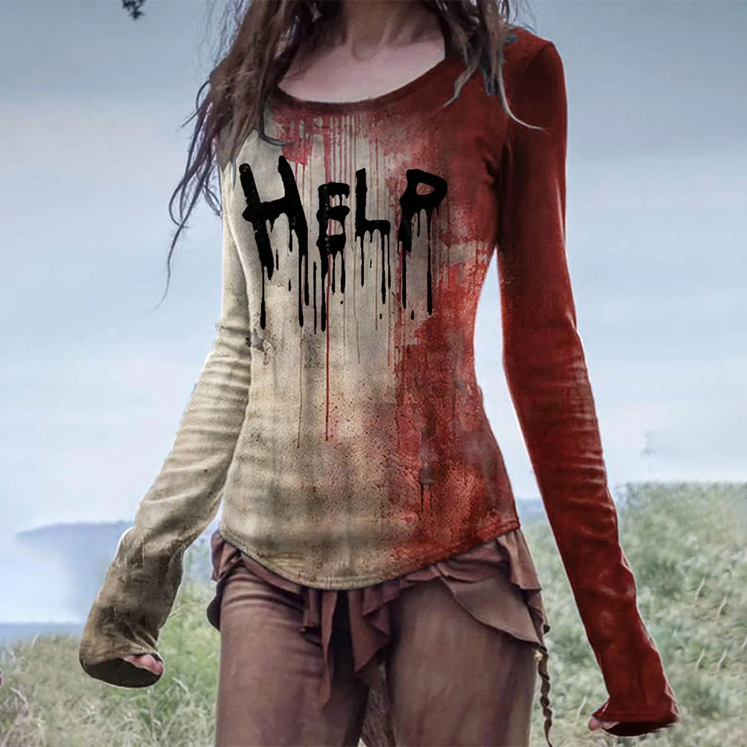 Женская футболка с длинным рукавом с принтом Halloween Costume, Red2 — фото 2
