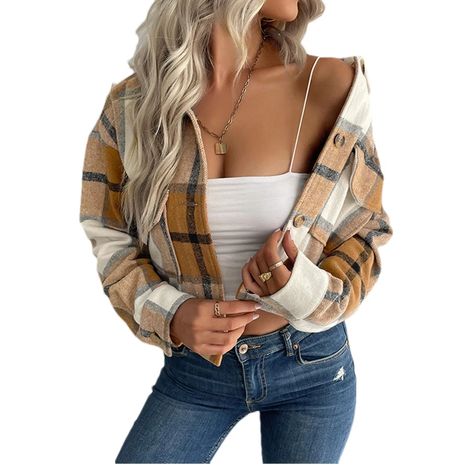 Женская куртка из фланели с длинным рукавом Plaid Flannel Jacket, dark khaki
