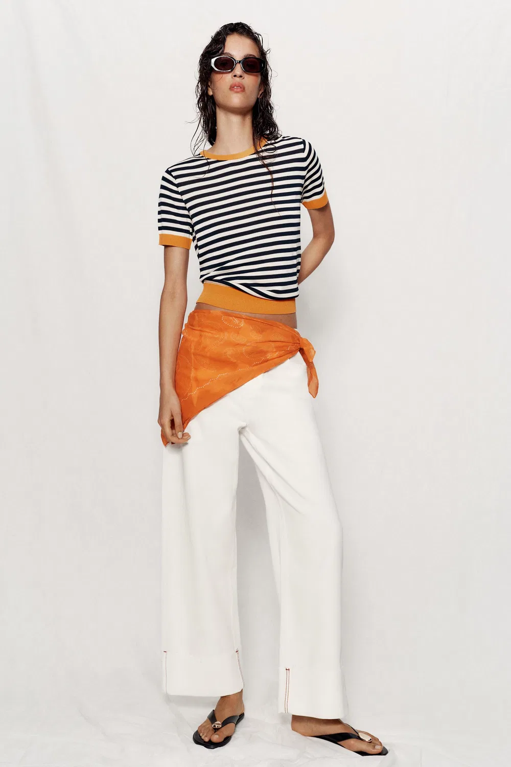 Вязаный топ в полоску ZARA, White-Orange