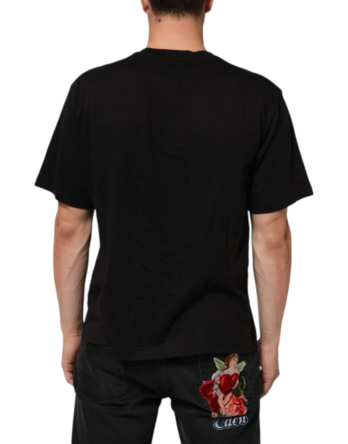 Мужская футболка с принтом логотипа Black Logo Print Cotton Crew Neck Dolce & Gabbana, черный — фото 4