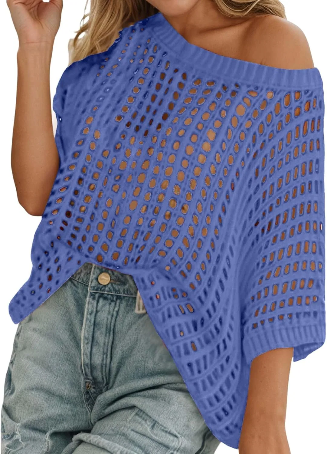Женский пляжный топ-накидка крючком с вырезами, Blue