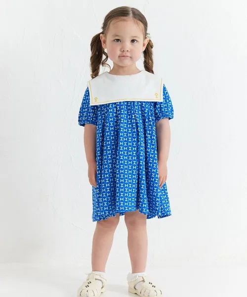 Детское платье для девочек хлопковое с коротким рукавом Midnight Blue Sailor Collar moimoln, Dark Blue