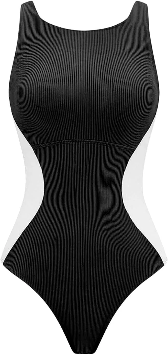 Женский цельнокроеный купальник с эффектом утяжки Ribbed Color Block, Black — фото 4