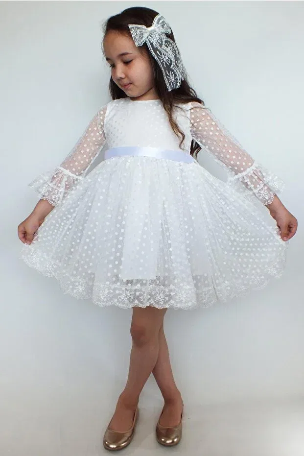 Детское платье для девочек кружевное с вышивкой White lace girl's dress Mashotrend, White