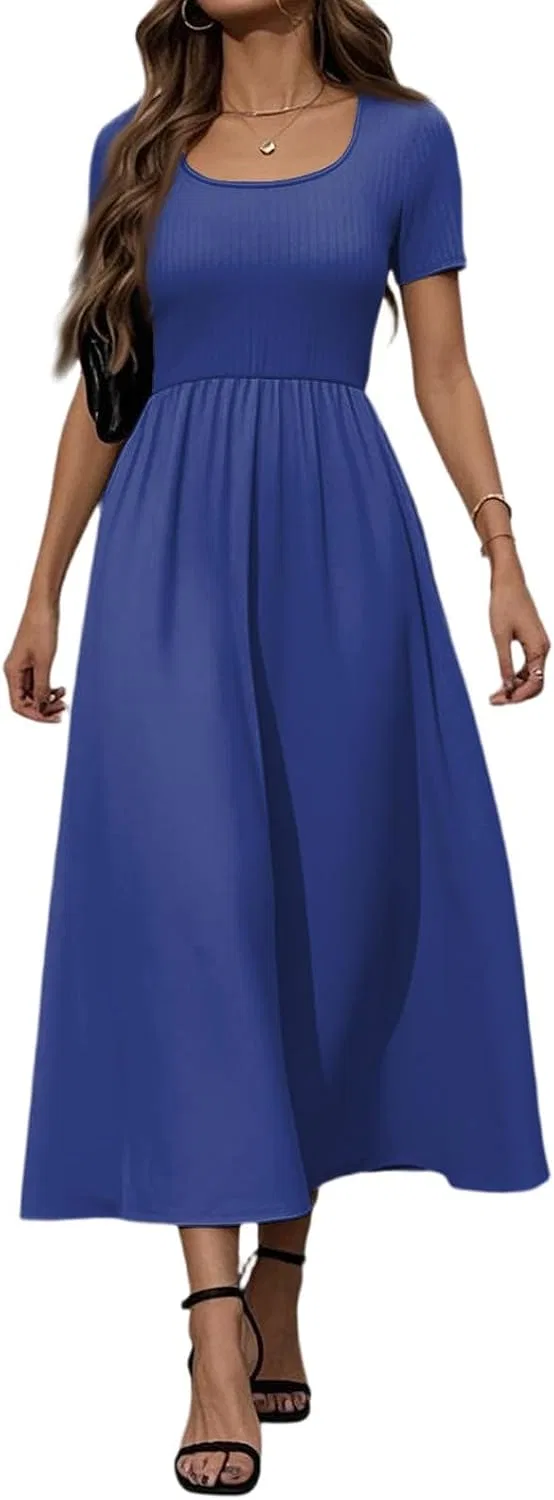 Женское платье миди с высокой талией, U-образным вырезом, короткий рукав, Polyester, Blue