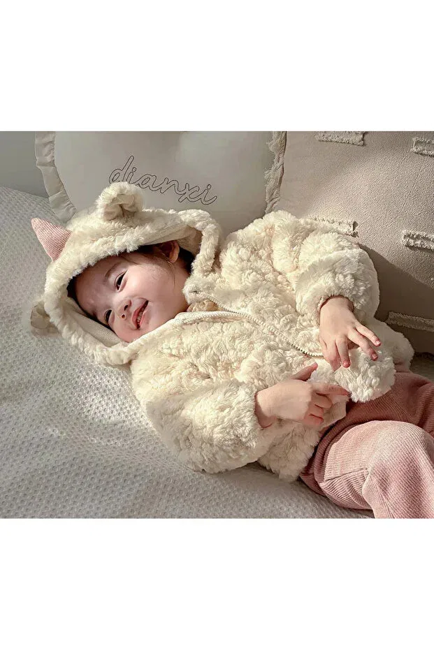 Детское зимнее пальто для девочек плюшевое с принтом Baby Girl Unicorn Winter Seasonal Plush Coat Cute Velvet Lined Melisam.Msg, Ecru — фото 2