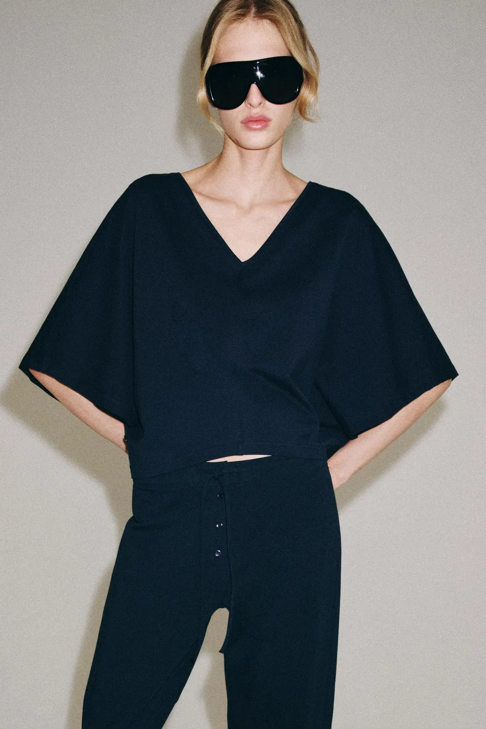 Хлопковая футболка в стиле накидки ZARA, Navy blue — фото 2
