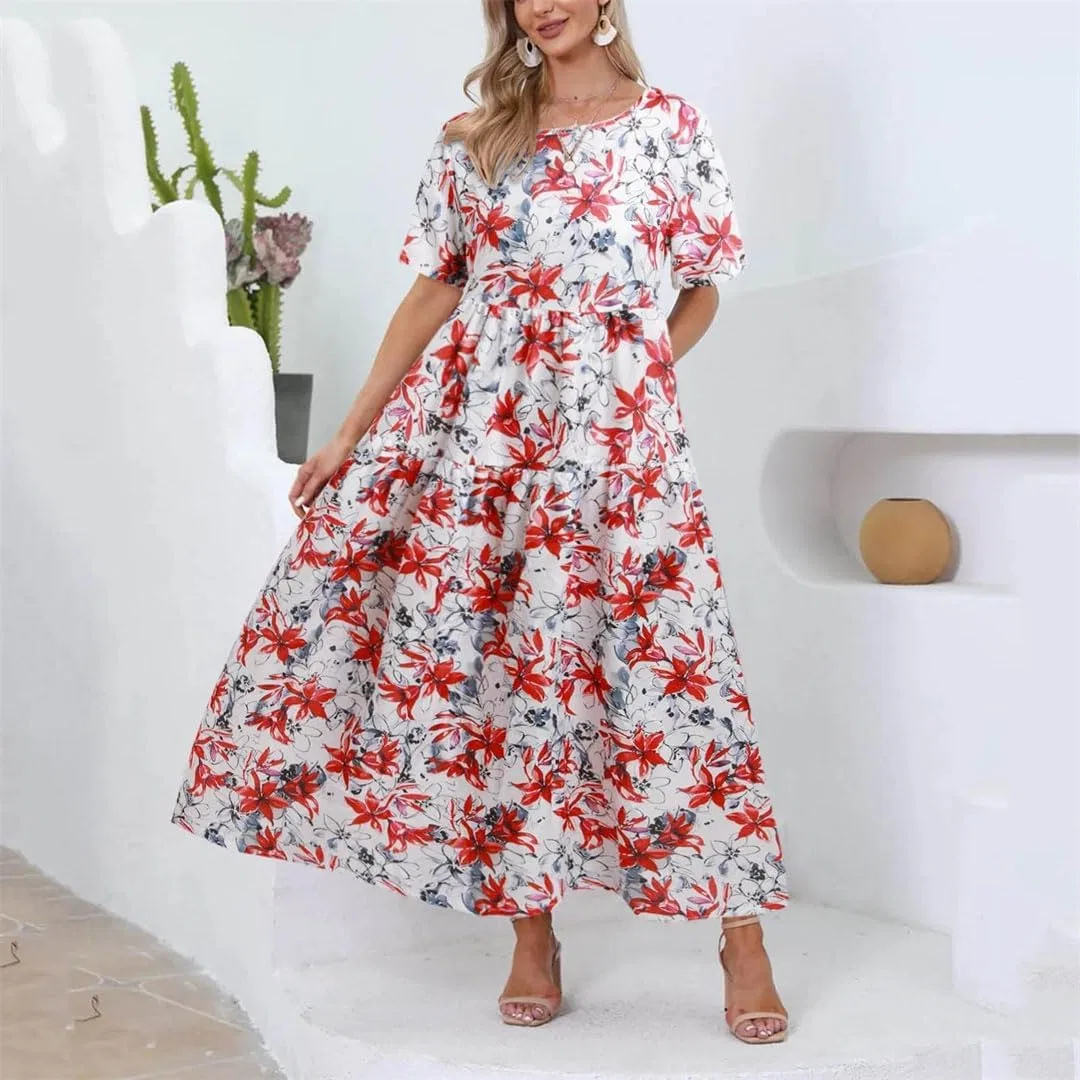 Женское свободное платье с цветочным принтом A-line, Red — фото 2