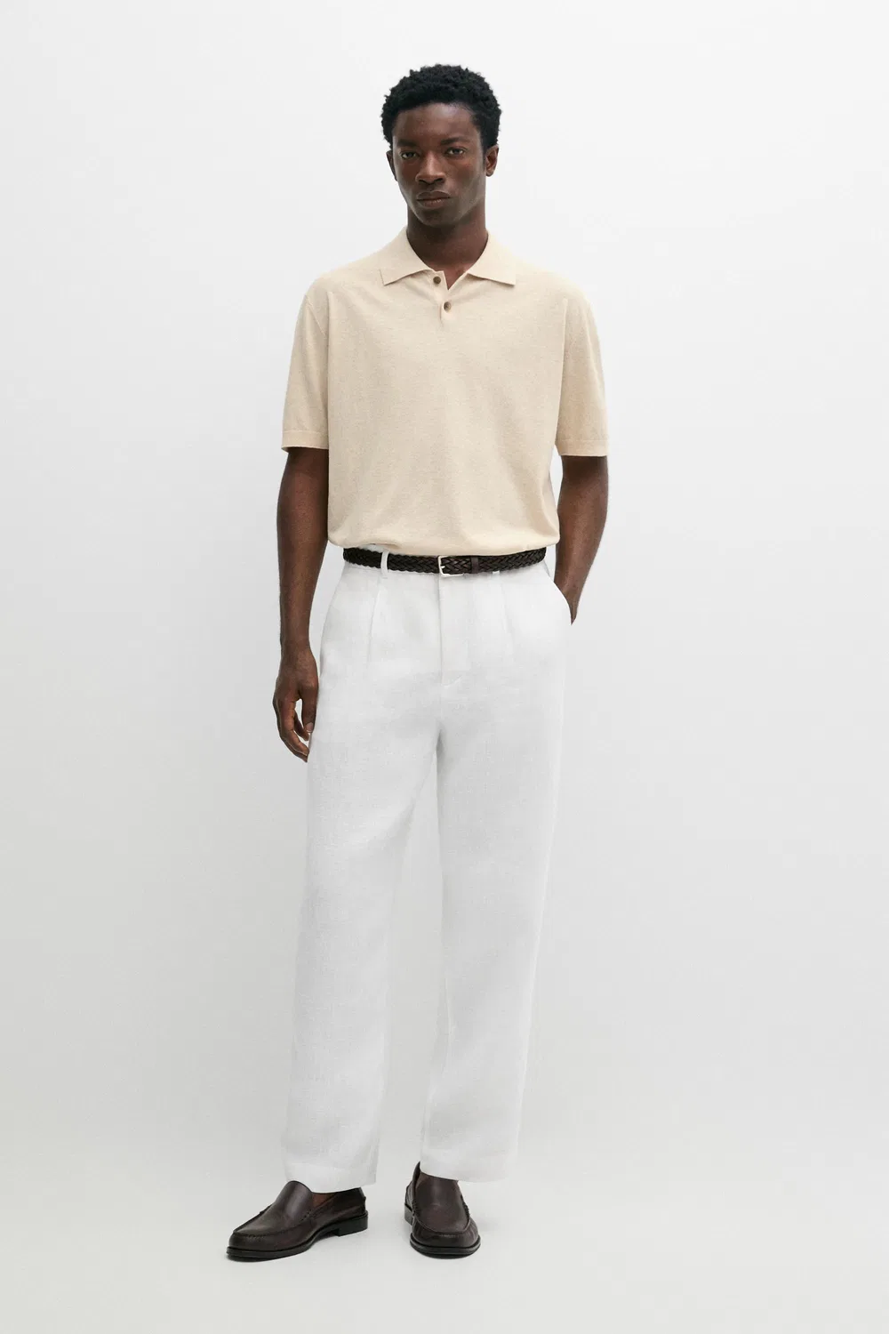 Поло Massimo Dutti Cotton Linen Blend Shirt, бежевый — фото 3