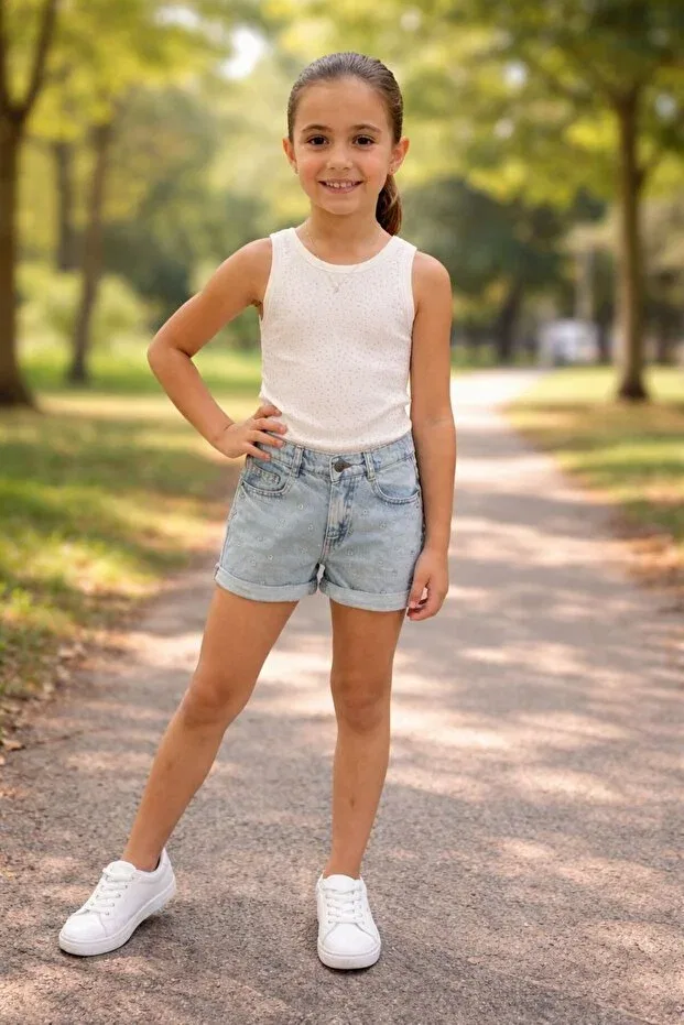 Детские джинсовые шорты для девочек с принтом Kiz stone-embellished denim shorts 26ydmb0444 Dmb Boys & Girls, Blue