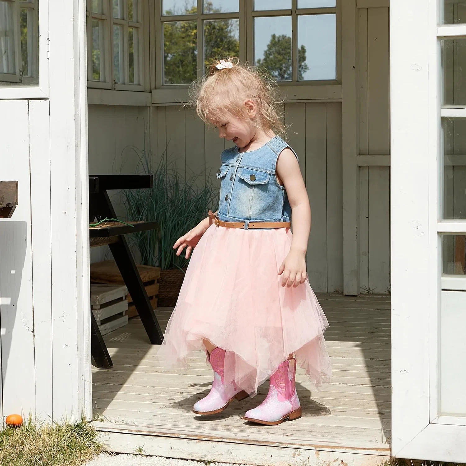 Детские сапоги для девочек с квадратным носком Cowgirl Boots IUV KIDS, Pink Glitter Ombre — фото 2