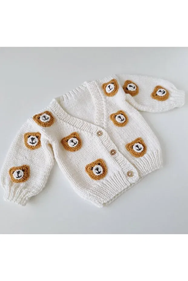 Детский кардиган с рисунком Hand knitted unisex baby cardigan with teddy bear figure Ponçik Atölye, Ecru