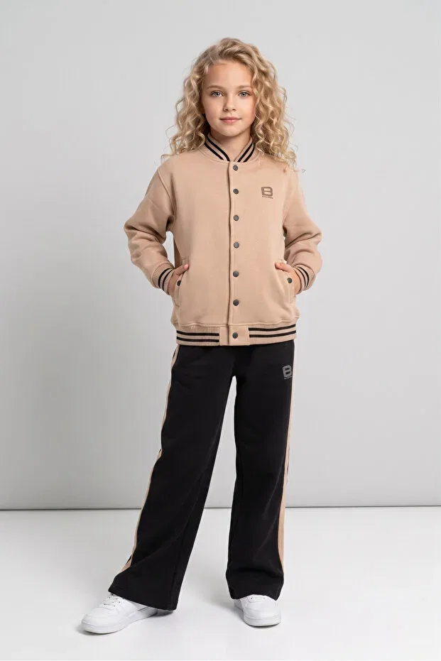 Детский спортивный костюм для девочек с принтом College Collar Wide Leg Tracksuit Set Black One, Beige
