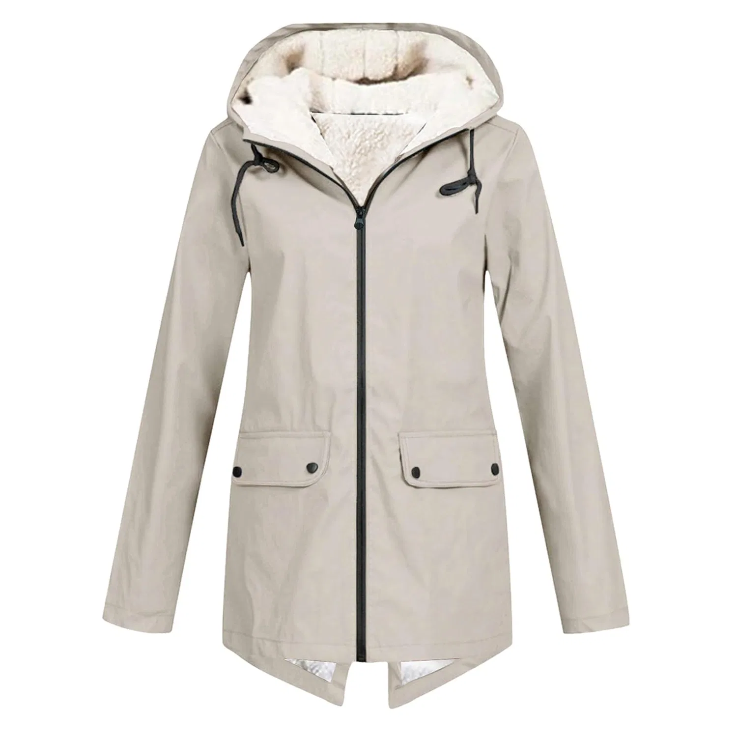 Женская длинная куртка с капюшоном, флисовая, Oversize, Beige — фото 2