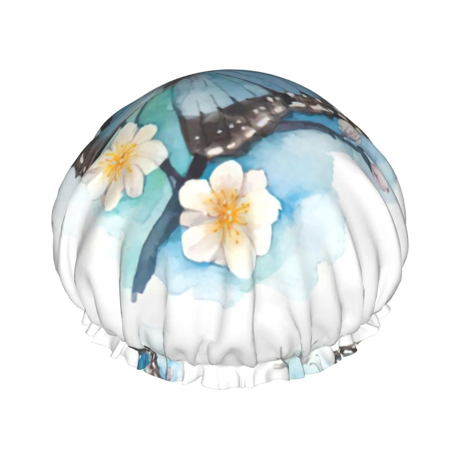 Шапочка для душа с принтом Blue Butterfly on Blossom, WURTON, 27 см