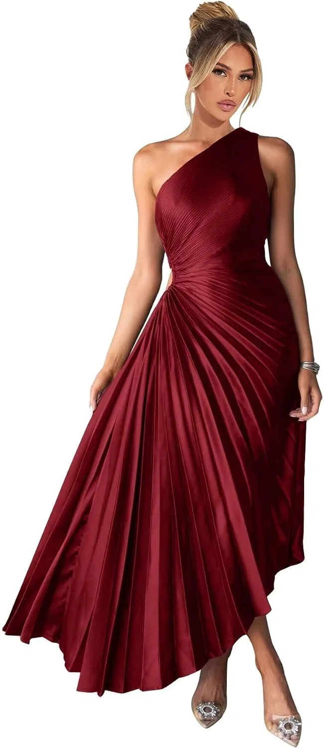 Женское атласное платье с одним плечом для подружек невесты, Wine Red