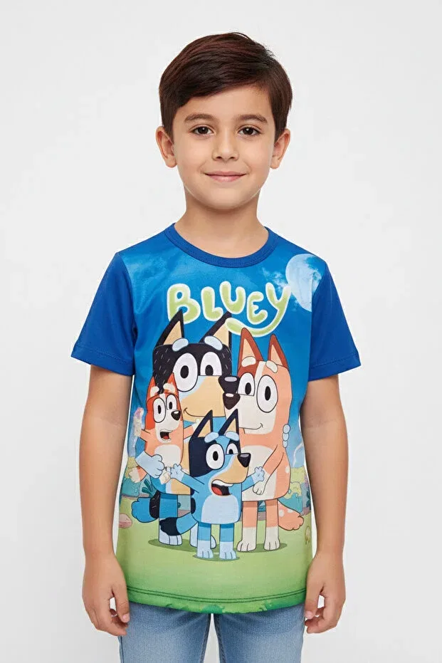 Детская футболка для мальчиков с принтом Bluey and Family Vaxy Style, Blue