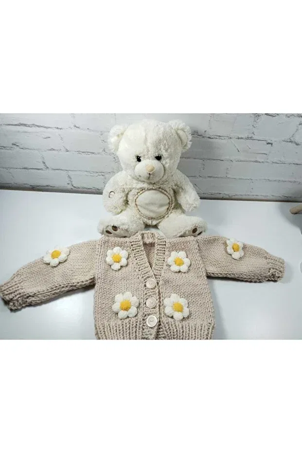 Детский кардиган для девочек с цветочным принтом Papatyal hand knitted El Örgüsü, Beige