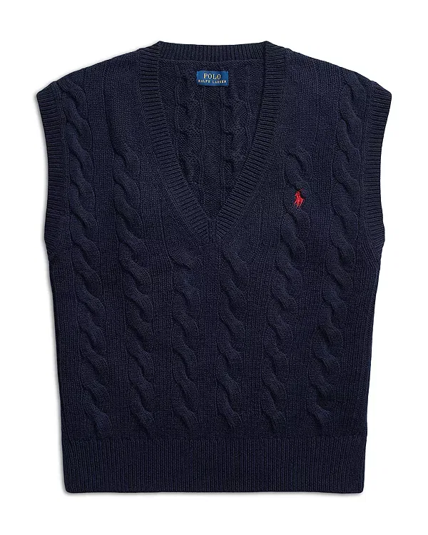Женский свитер с V-образным вырезом Cable Knit Wool Cashmere Sweater Vest Ralph Lauren, синий