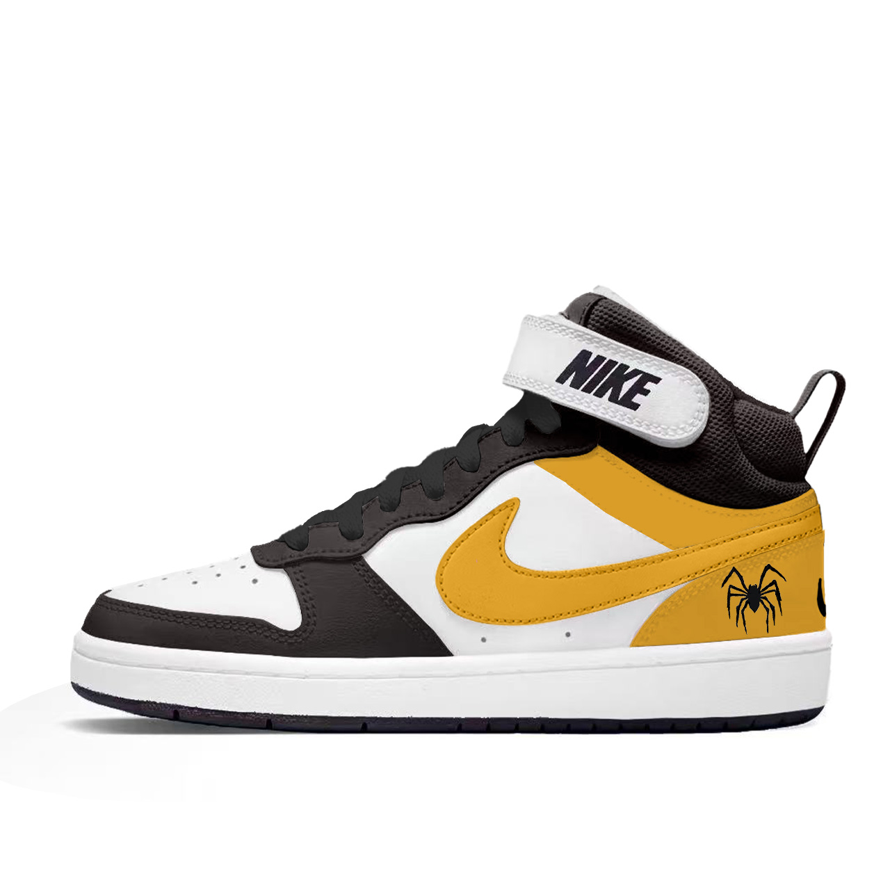 

Nike Детские скейтбордистские кроссовки Court Borough 2 Black Yellow Spider из кожи, нескользящие и износостойкие, средней высоты