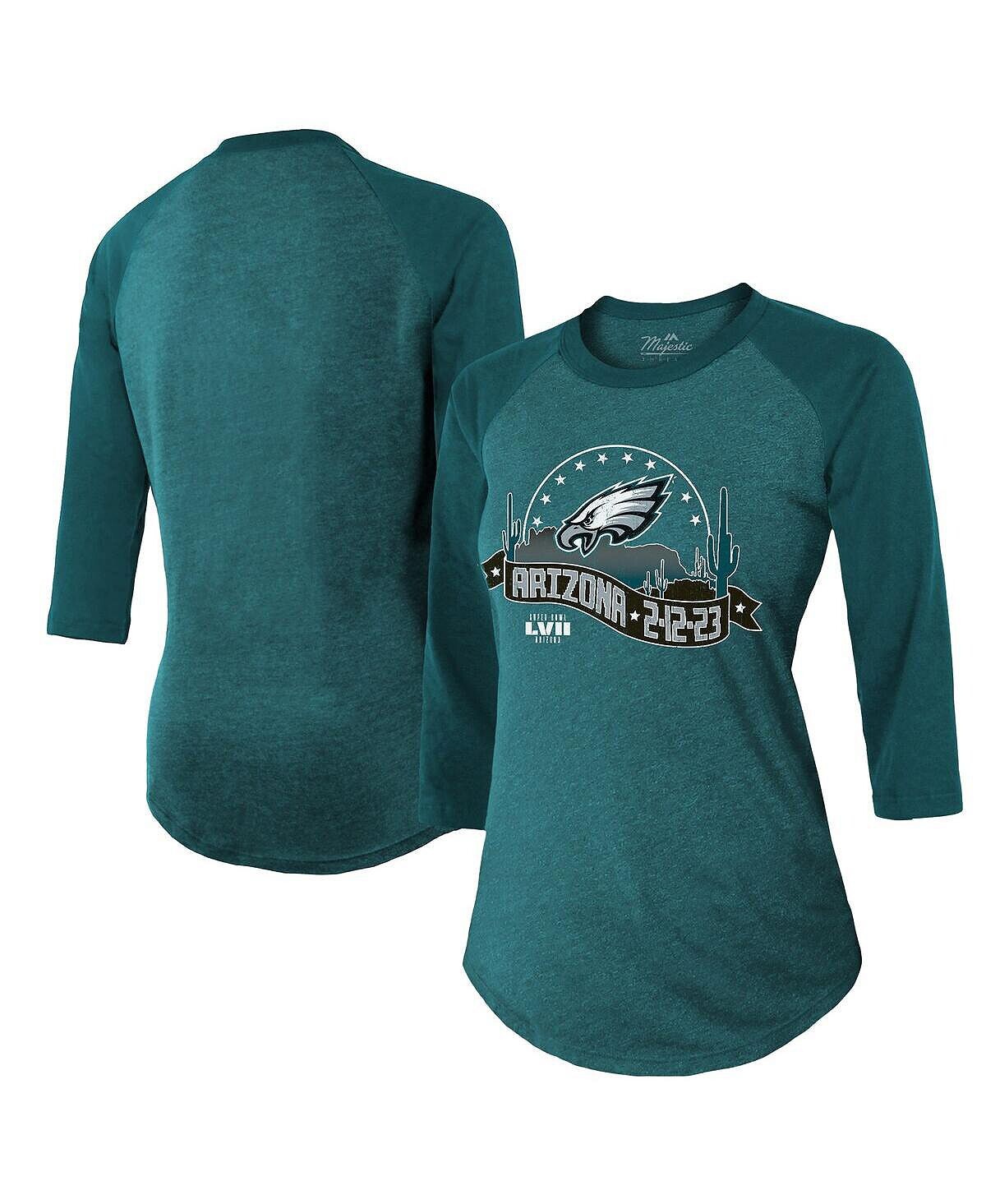

Женская футболка Midnight Green Philadelphia Eagles Super Bowl LVII Desert Tri-Blend реглан с рукавами 3/4 Majestic, зеленый