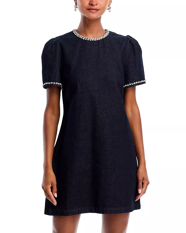 

Платье-Футляр с короткими рукавами из денима с кристаллами - эксклюзив Aqua, синий