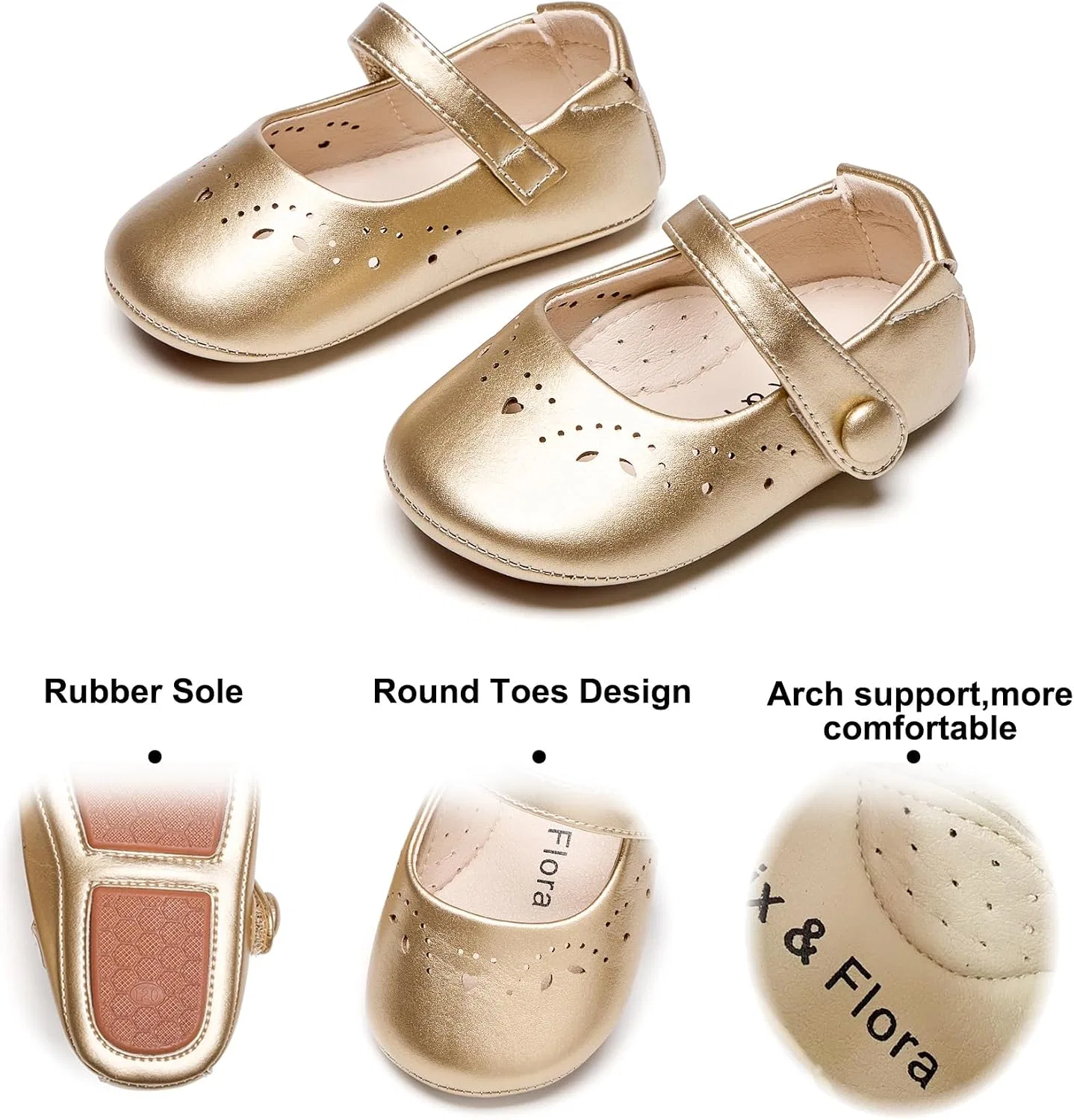Детские туфли Мэри Джейн на мягкой подошве Moccasins Rubber Sole Crib Shoes Felix & Flora, Gold — фото 4