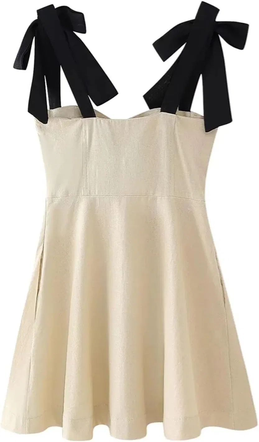 Женское мини-платье с контрастными бантами на бретелях Sweetheart Neck, Khaki — фото 3