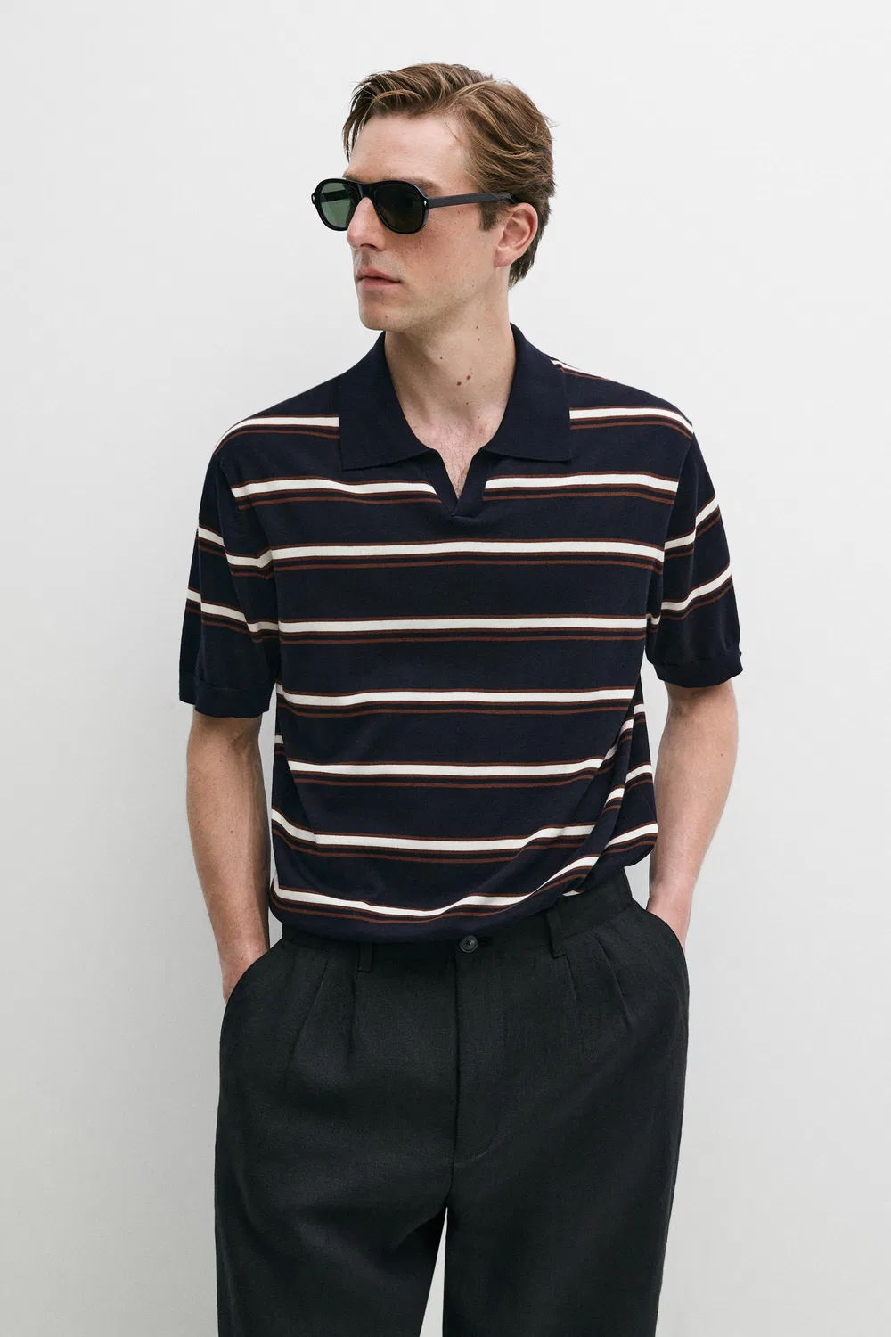 Поло Massimo Dutti Striped V-Neck Knit Shirt, темно-синий