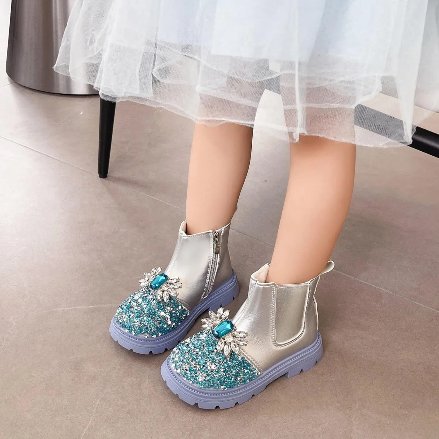 Детские ботинки для девочек с принтом Princess Rhinestone Ankle Boots, Silver — фото 2