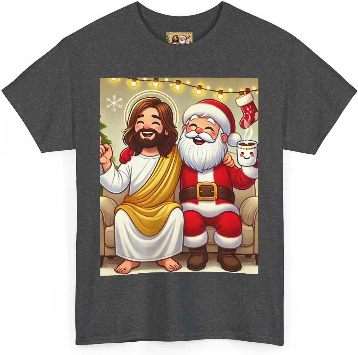 Женская футболка с принтом Funny Santa Jesus Hanging Out, тёмно-серый меланж — фото 3