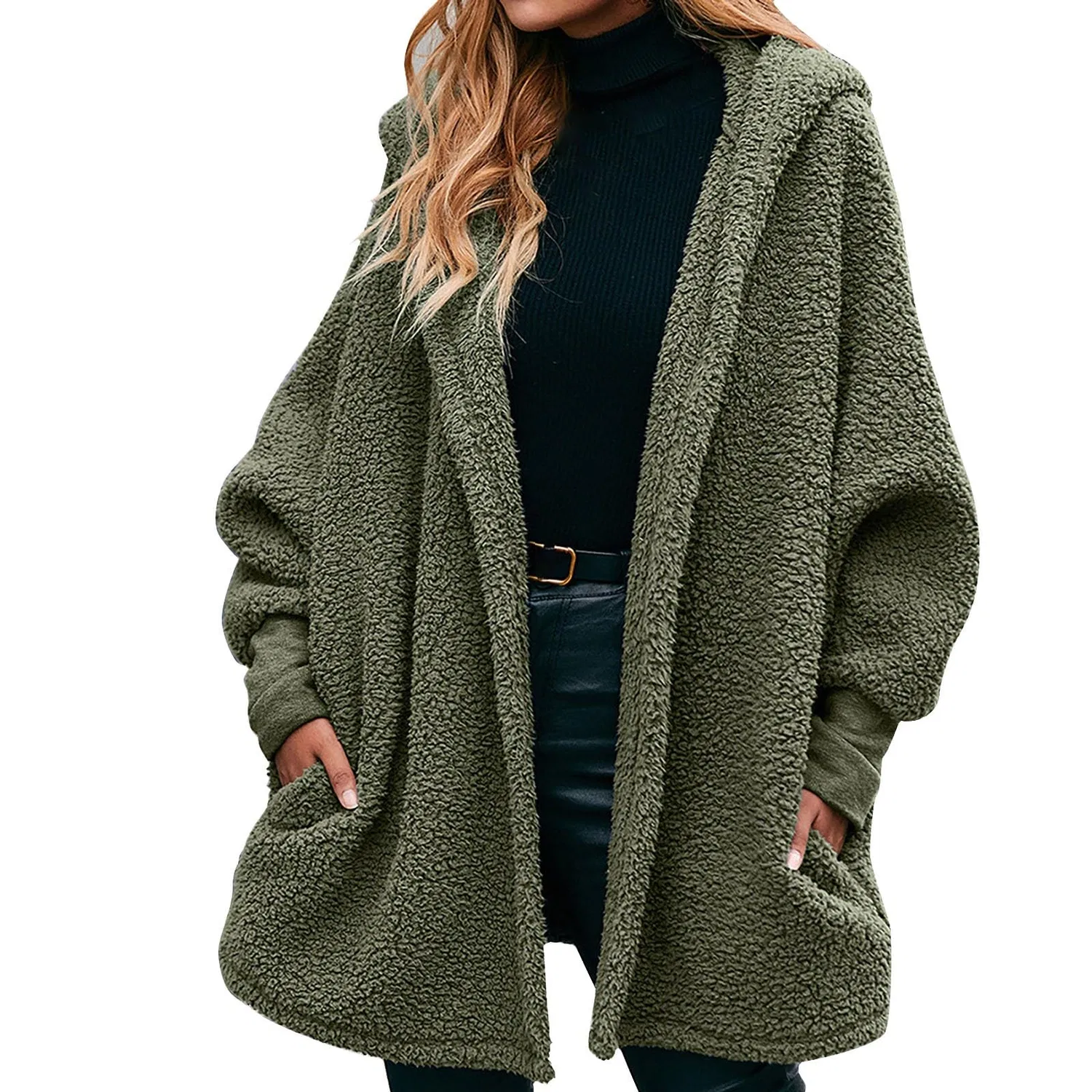 Женское утепленное пальто-кардиган с капюшоном Oversized Fleece Hooded Jacket, Verde