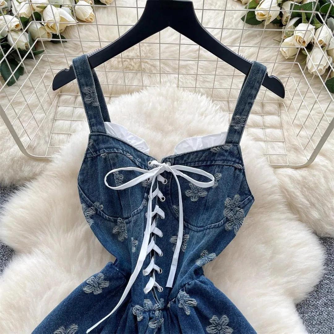 Женское мини-платье с цветочной вышивкой Spaghetti Straps, Blue — фото 4
