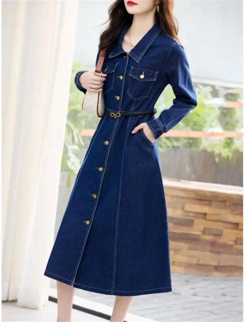 Женское джинсовое платье с воротником-рубашкой, Slim Fit, Vintage — фото 2