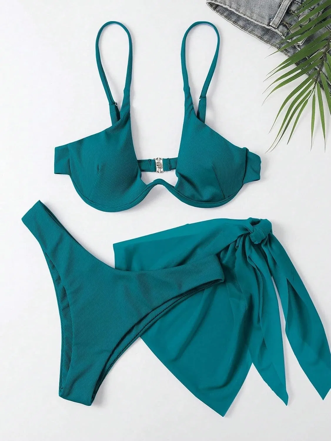 Женский бикини-комплект с высокой талией Push Up 3 Piece Bikini Set, Mint Blue — фото 3