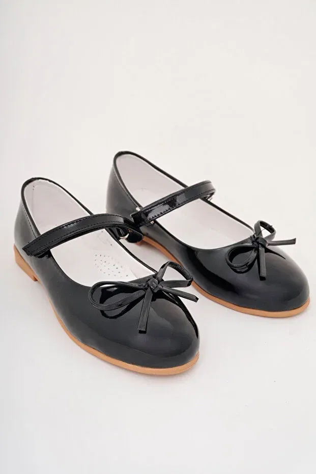 Детские балетки для девочек лакированные Black Patent Leather Children's Mustache Bow Ballerina Shoes Cappale, Black — фото 2