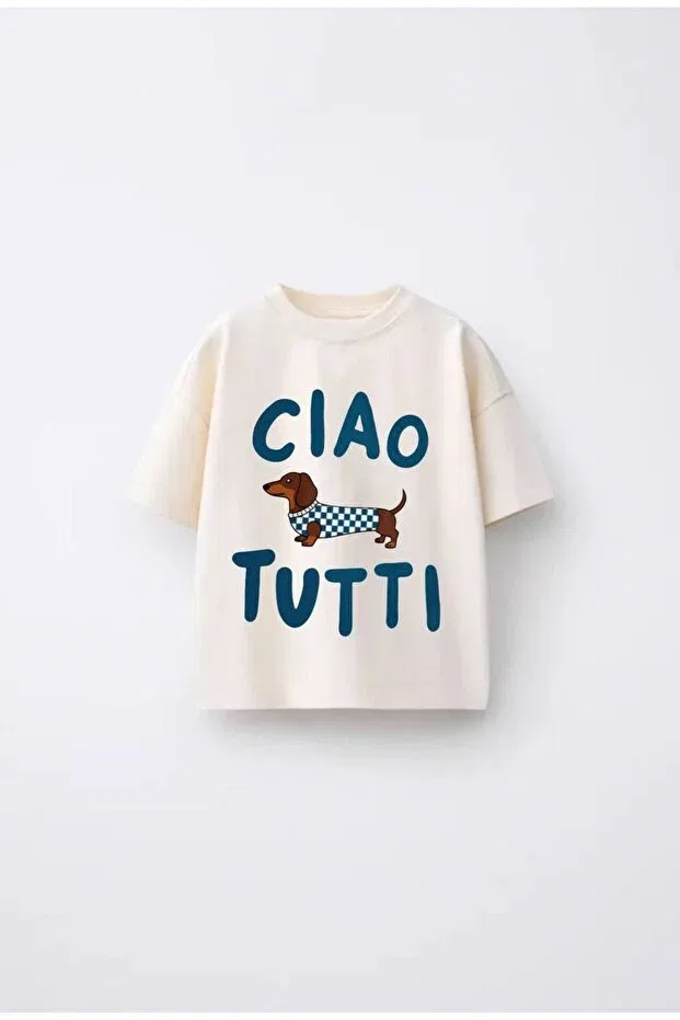 Детская футболка с принтом Ciao Tutti Leni Kids, Ecru