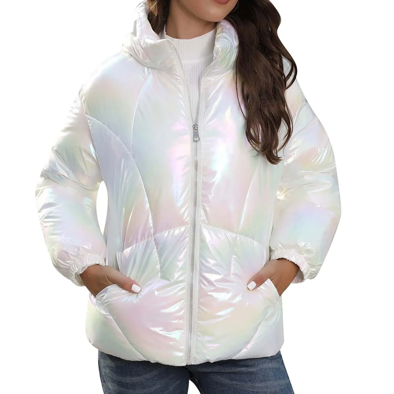 Женское стеганое пальто с капюшоном Women's Quilted Jacket, White — фото 3