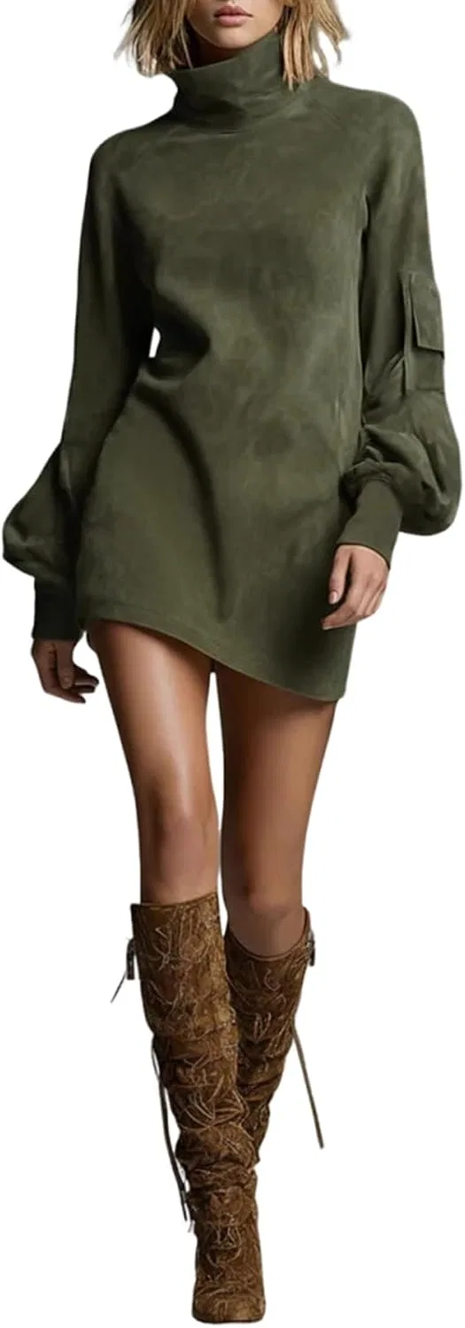 Женское платье-рубашка вестерн мини из вельвета с поясом, Army Green